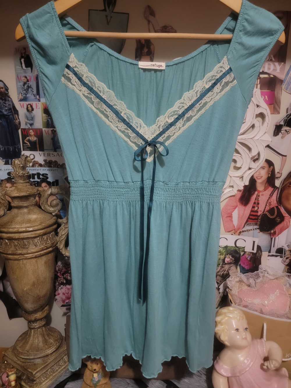 Blue Ribbon Laced Neckline Babydoll Top 100% Rayon